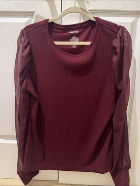 Nine West Burgundy Long-Sleeve Ribbed Top with Sheer Sleeves